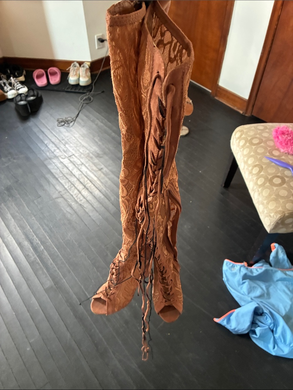 BAMBOO Lace Peep-Toe Boots - Copper Brown